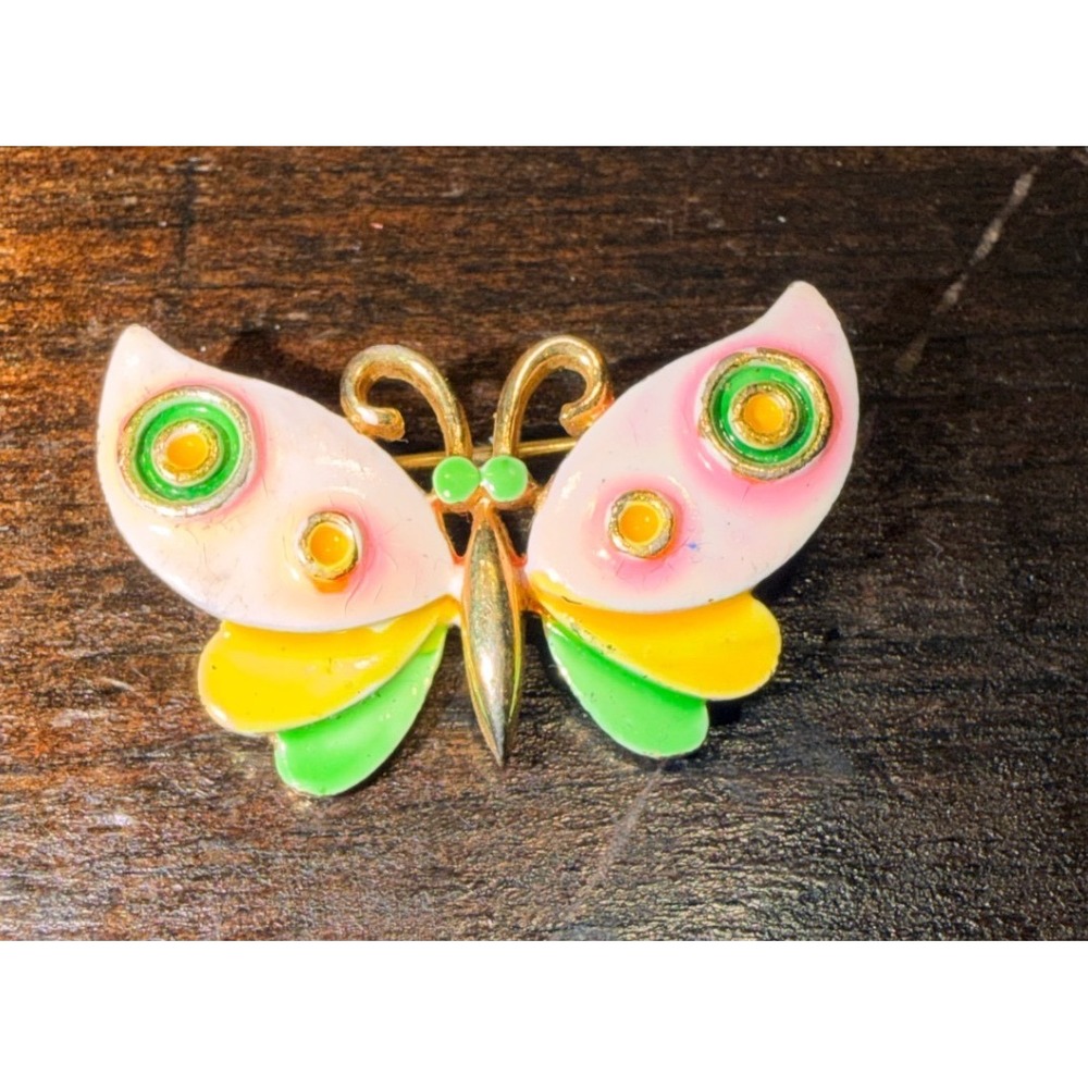 Mylu Vintage Butterfly Brooch Pink Green Yellow Enamel Gold Tone Pin Whimsical‎